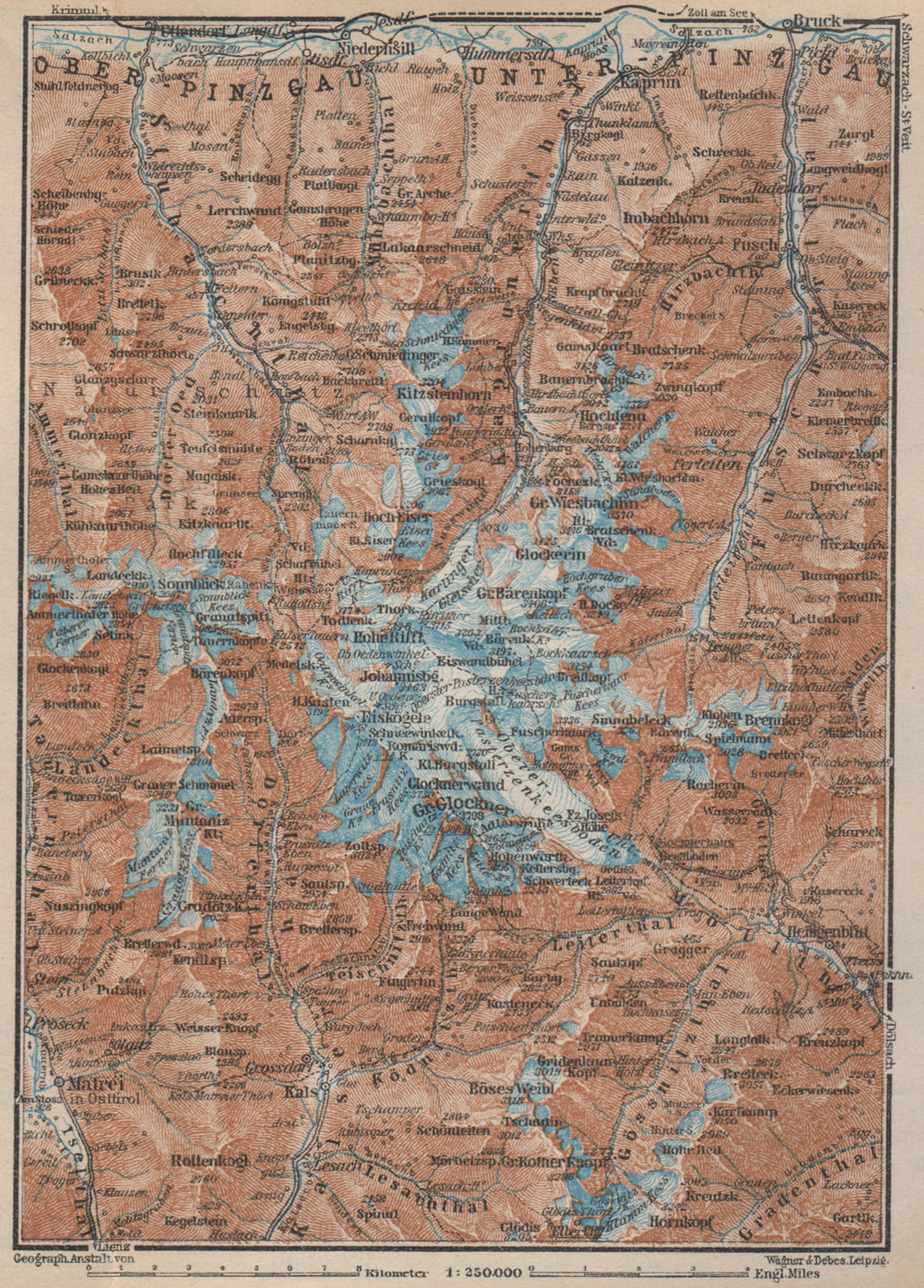 GLOCKNERGRUPPE. HOHE TAUERN. UNTERPINZGAU. Kaprun Matrei Grossdorf 1927 map